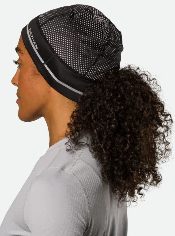 HyperNight Reflective Ponytail Beanie - Hi Vis Yellow Geo Print