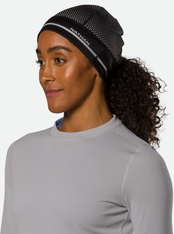 HyperNight Reflective Ponytail Beanie - Hi Vis Yellow Geo Print