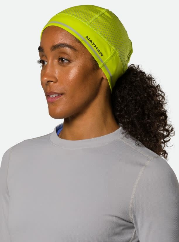 HyperNight Reflective Ponytail Beanie - Hi Vis Yellow Geo Print
