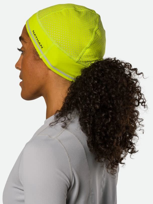 HyperNight Reflective Ponytail Beanie - Hi Vis Yellow Geo Print
